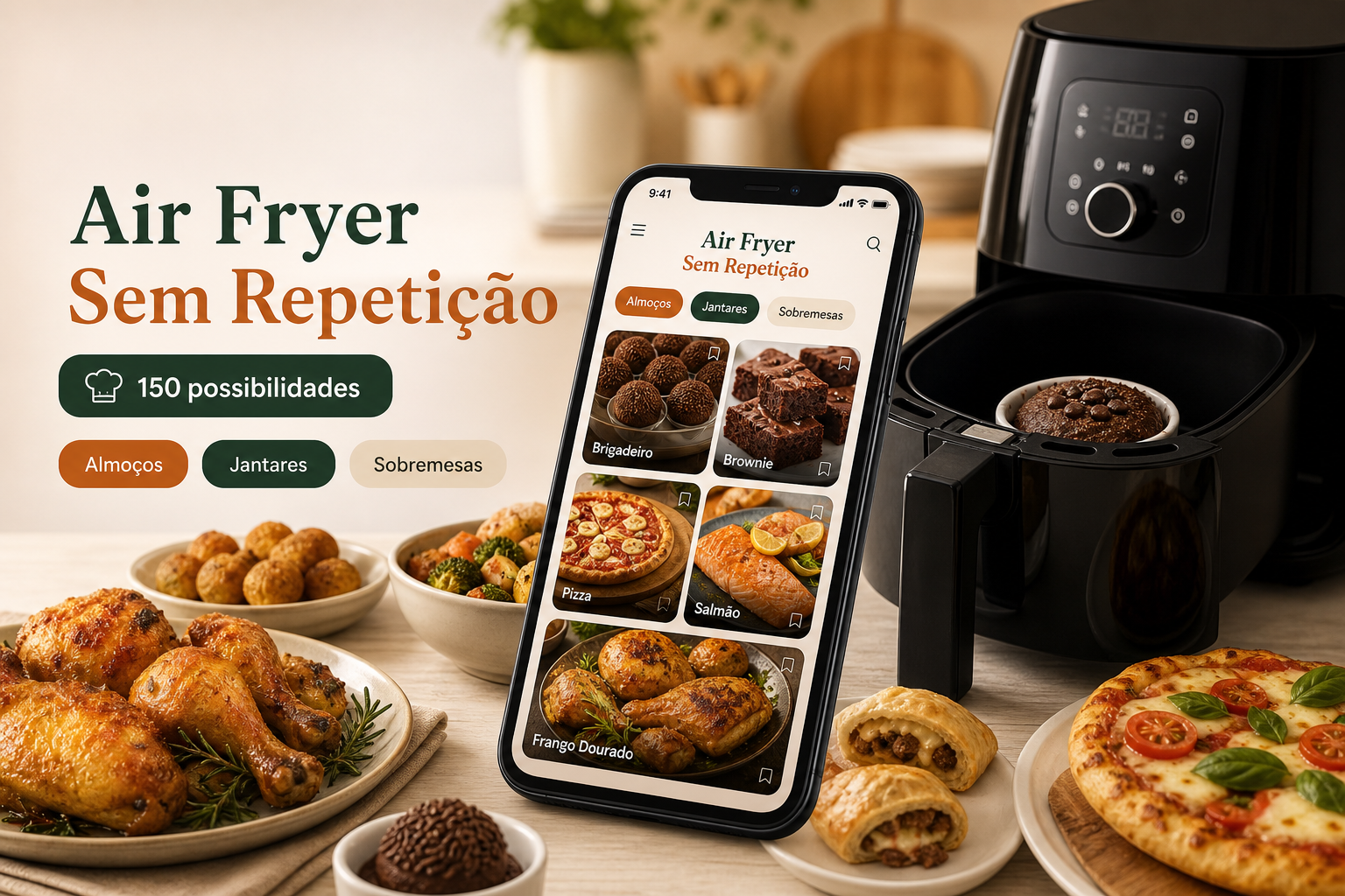 Aplicativo Air Fryer Sem Repetição mostrando diferentes comidas que podem ser preparadas na Air Fryer